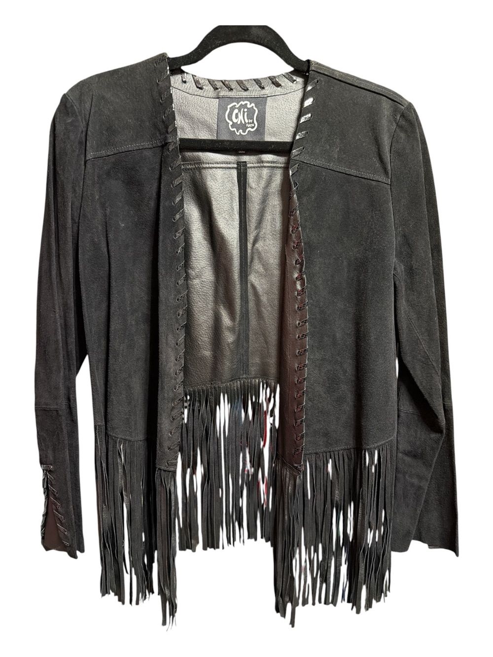 CHI Black Suede Leather Fringe Jacket - Women's Open Front Coat